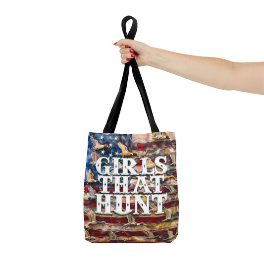 Patriotic Huntress Tote Bag - Camouflage and Flag Print Carryall for Women Hunters