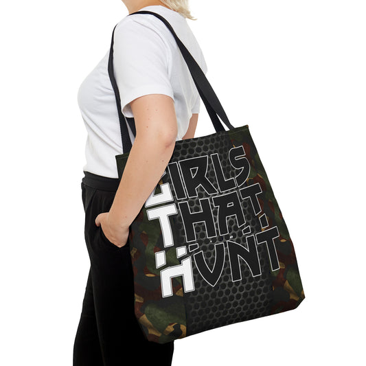 Girls That Hunt Camo Metal Tote Bag - Highlighting gun metal accents and camo print