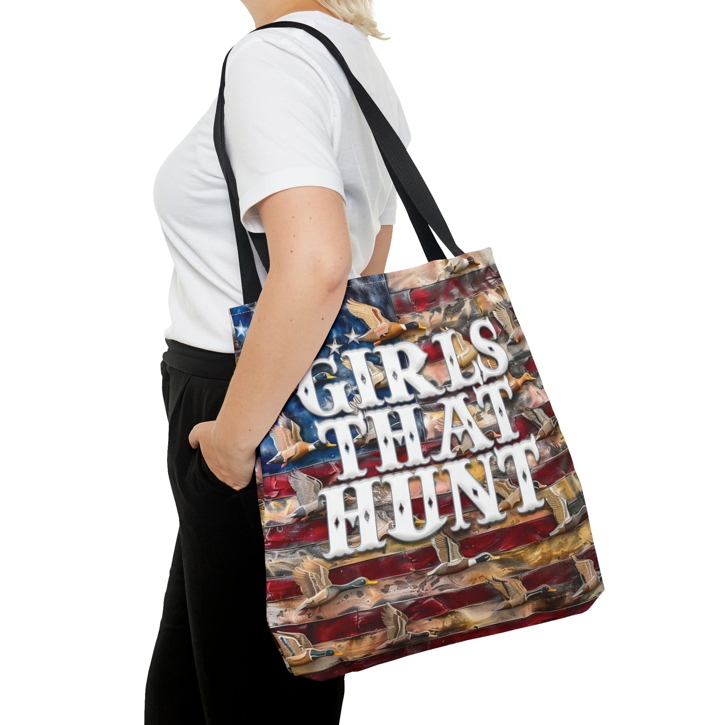 Patriotic Huntress Tote Bag - Camouflage and Flag Print Carryall for Women Hunters