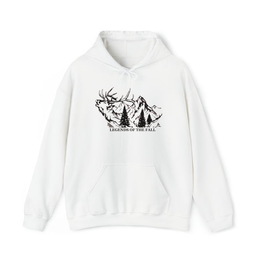 Prominent view of "Legends of the Fall Hoodie" displaying a bugling bull elk, mountain range, and the Legends of the Fall text