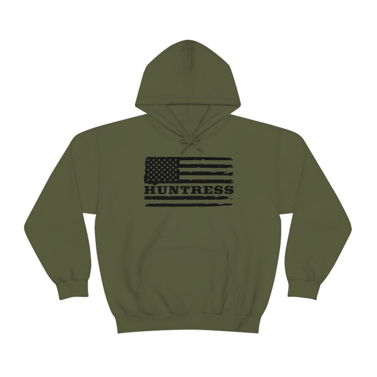 American Huntress Hoodie - Military Green - Displaying the bold American flag design with "Huntress"