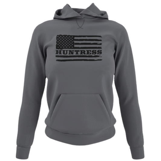 American Huntress Hoodie - Dark Gray- Displaying the bold American flag design with "Huntress"