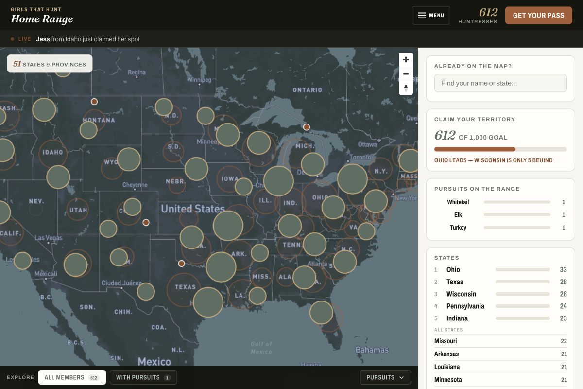 Home Range member map and state leaderboard