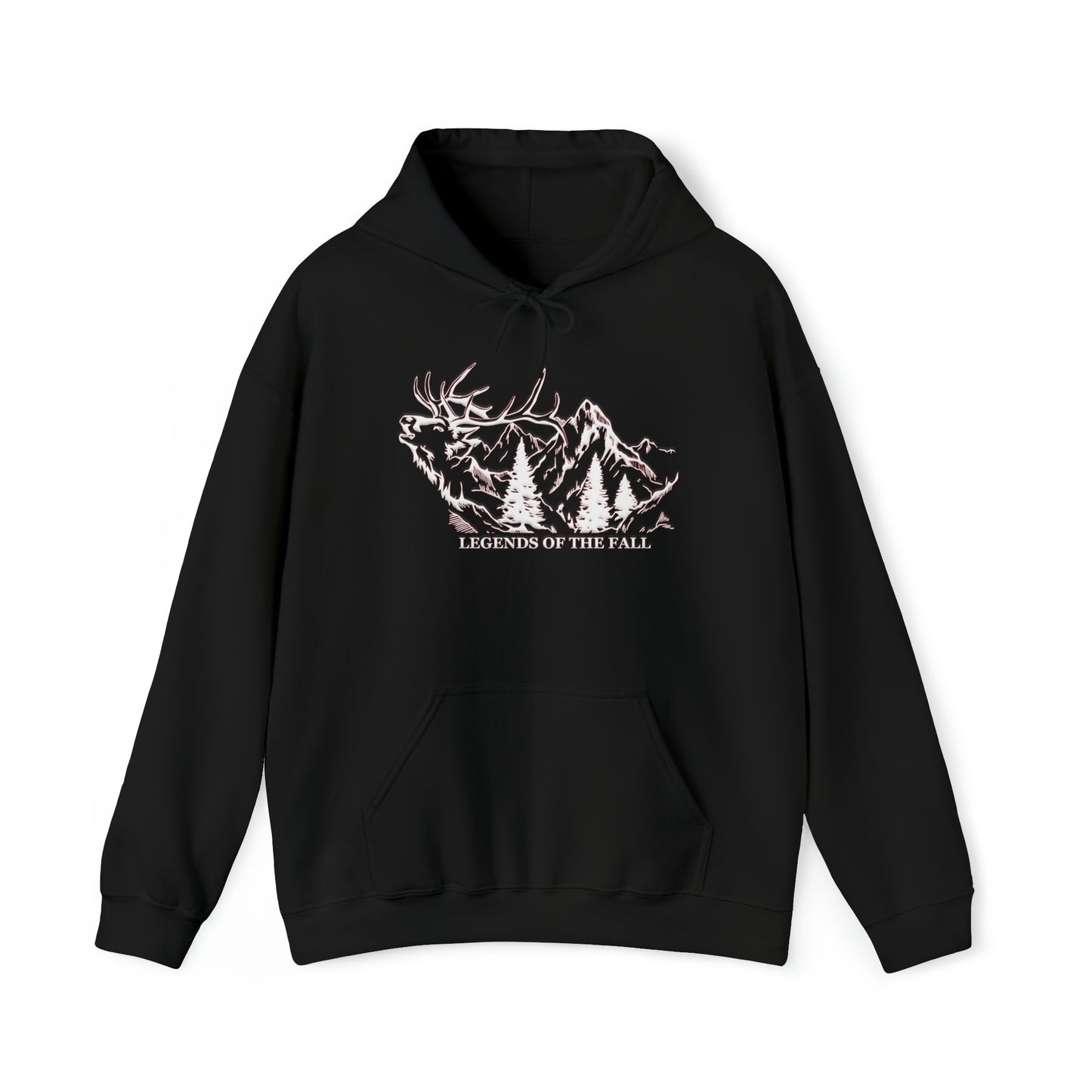 Prominent view of "Legends of the Fall Hoodie" displaying a bugling bull elk, mountain range, and the Legends of the Fall text