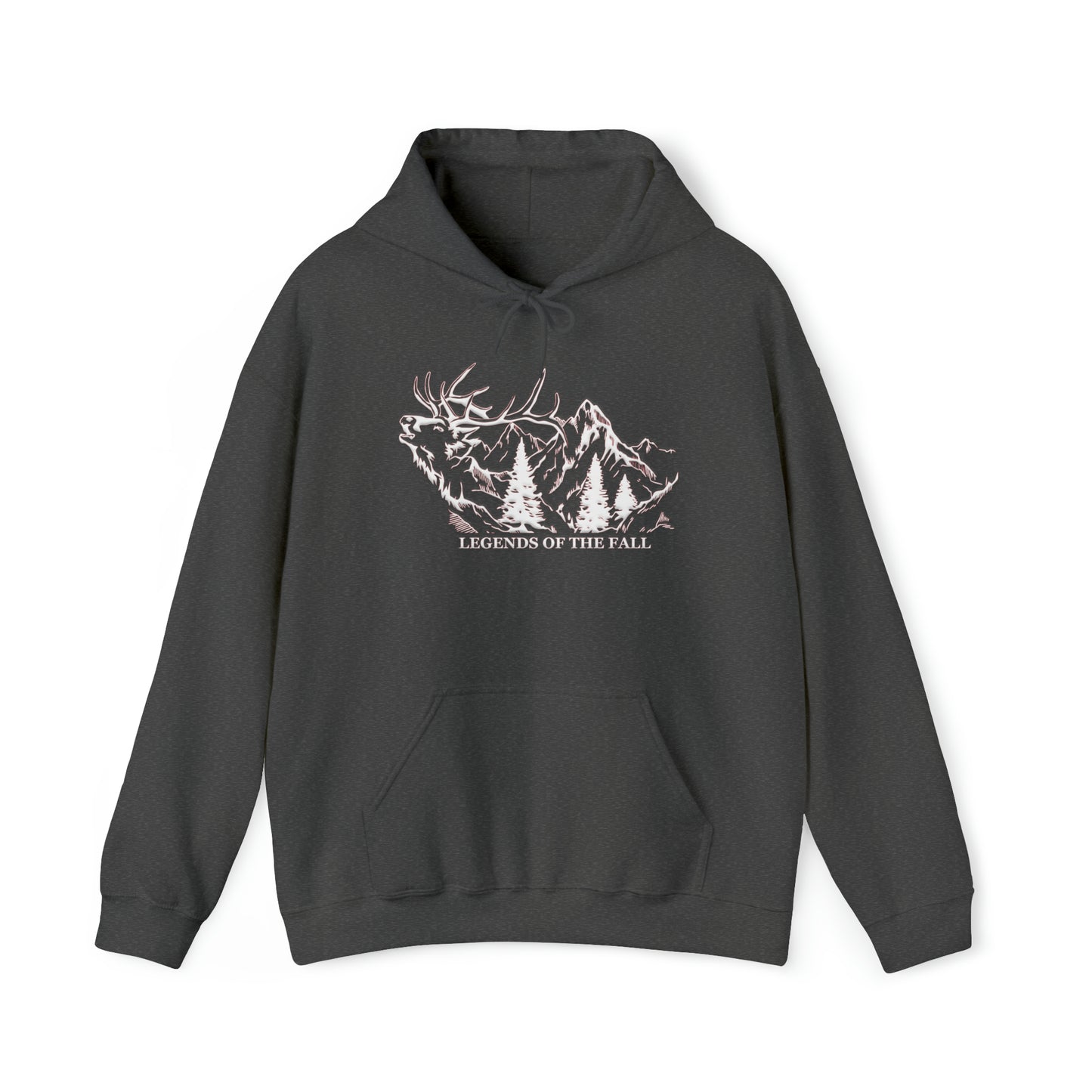 Prominent view of "Legends of the Fall Hoodie" displaying a bugling bull elk, mountain range, and the Legends of the Fall text