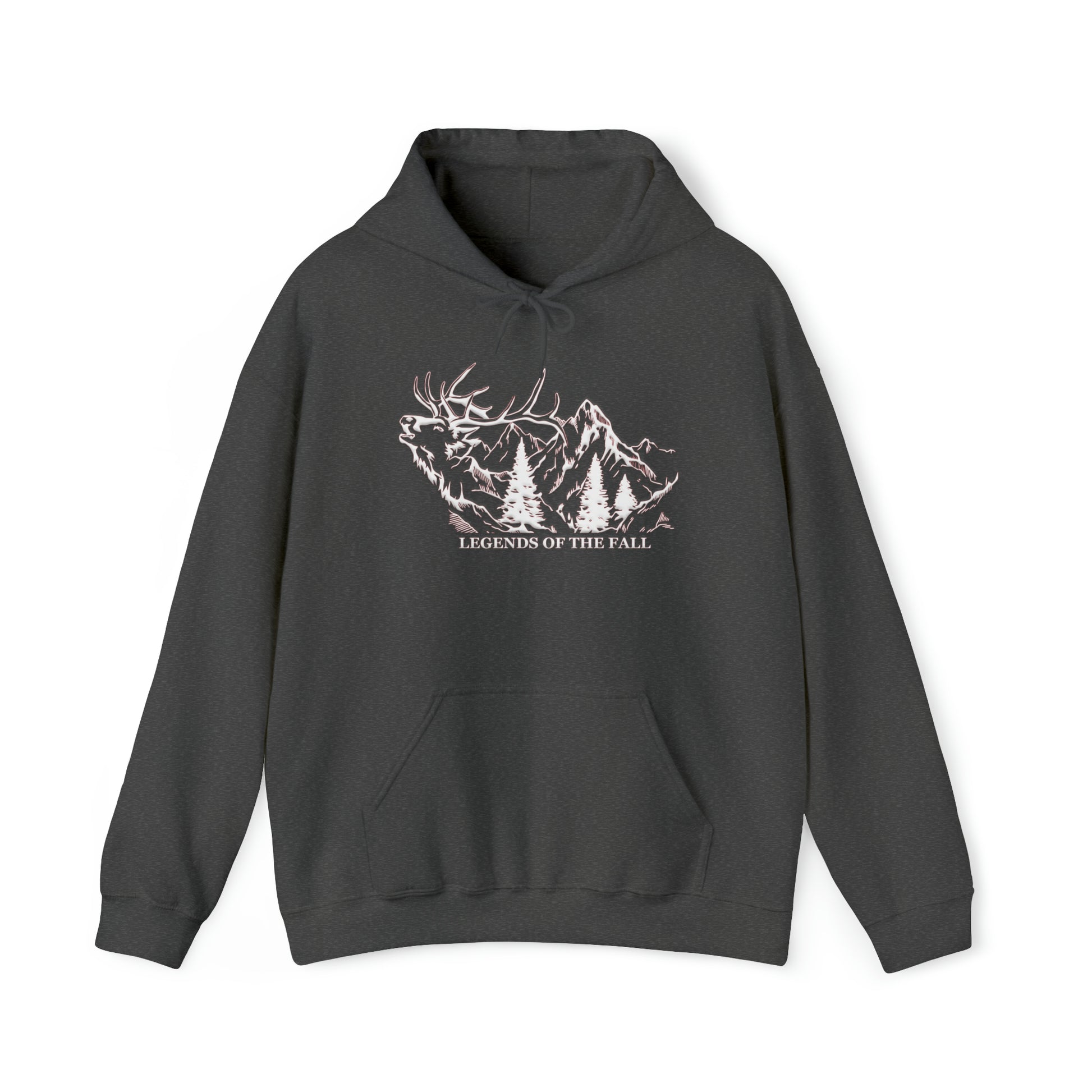 Prominent view of "Legends of the Fall Hoodie" displaying a bugling bull elk, mountain range, and the Legends of the Fall text