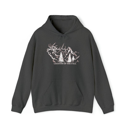 Prominent view of "Legends of the Fall Hoodie" displaying a bugling bull elk, mountain range, and the Legends of the Fall text