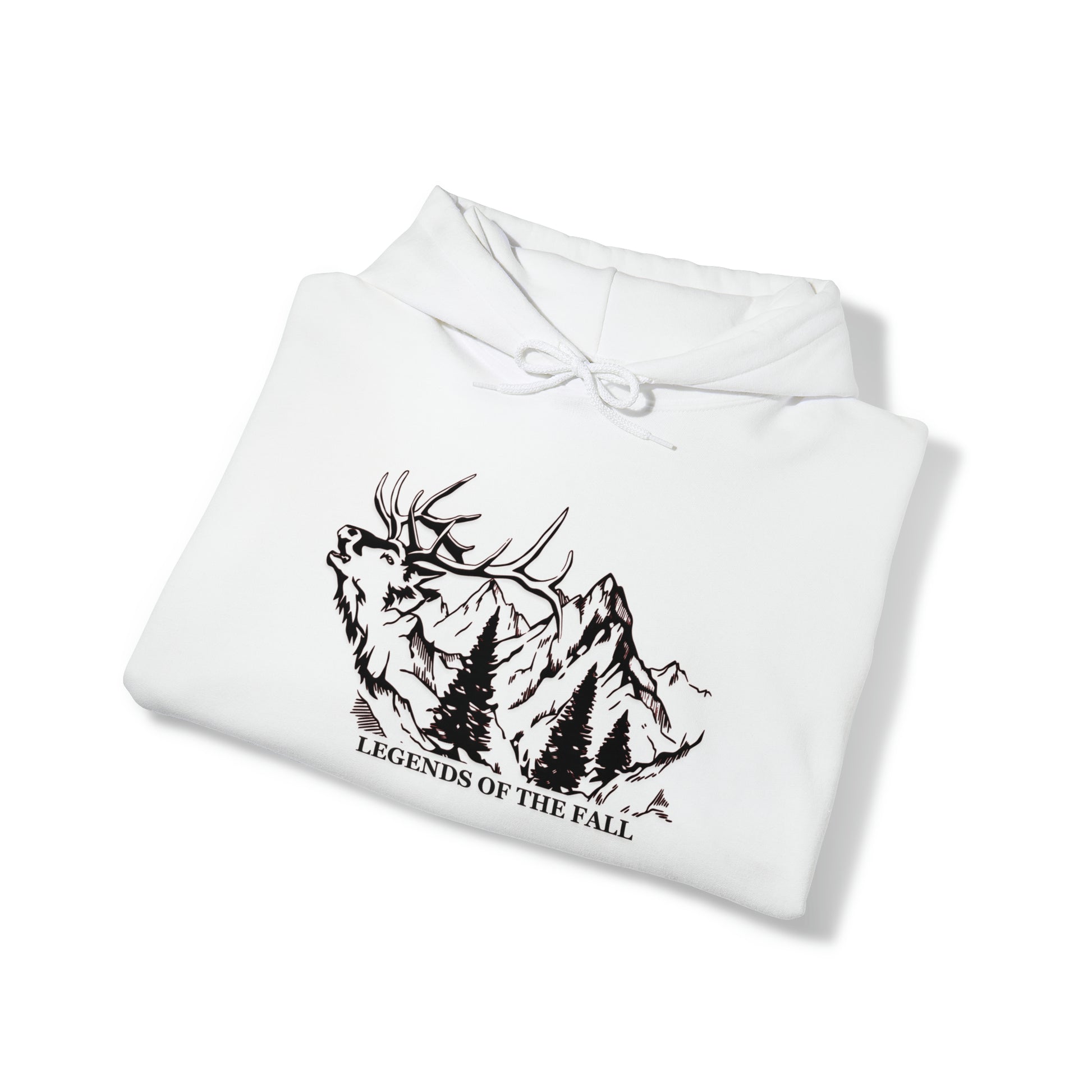 Prominent view of "Legends of the Fall Hoodie" displaying a bugling bull elk, mountain range, and the Legends of the Fall text
