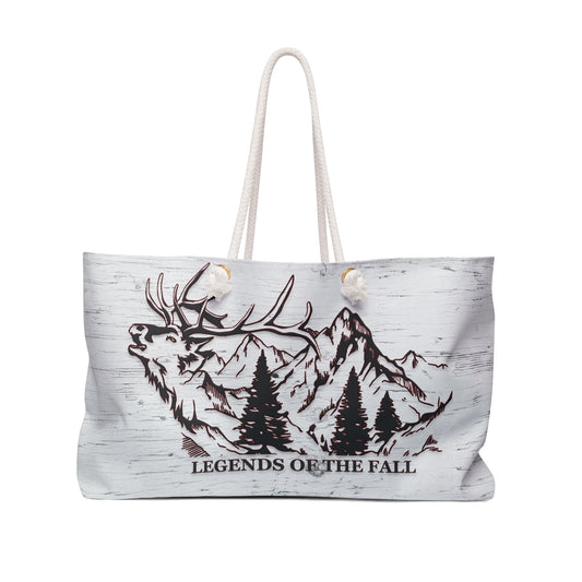 Legends of the Fall Weekender Bag" highlighting the bugling bull elk design, mountain backdrop, and the Legends of the Fall inscription