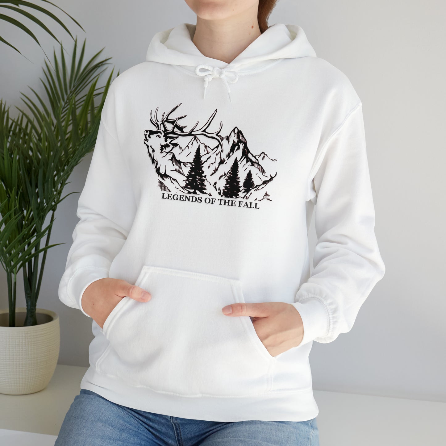 Prominent view of "Legends of the Fall Hoodie" displaying a bugling bull elk, mountain range, and the Legends of the Fall text