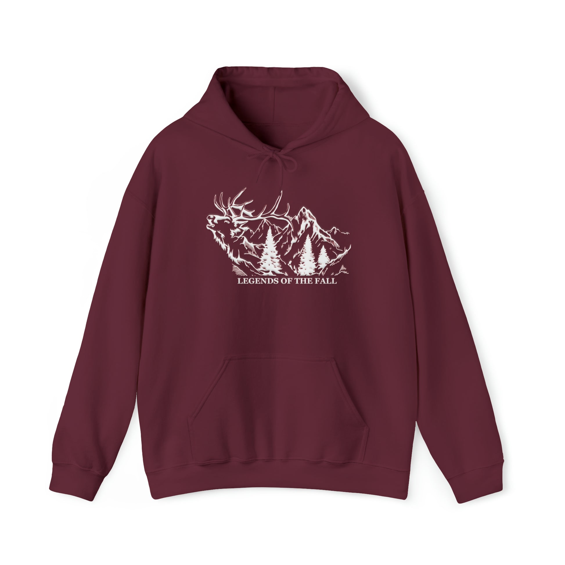 Prominent view of "Legends of the Fall Hoodie" displaying a bugling bull elk, mountain range, and the Legends of the Fall text