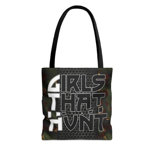 Girls That Hunt Camo Metal Tote Bag - Highlighting gun metal accents and camo print
