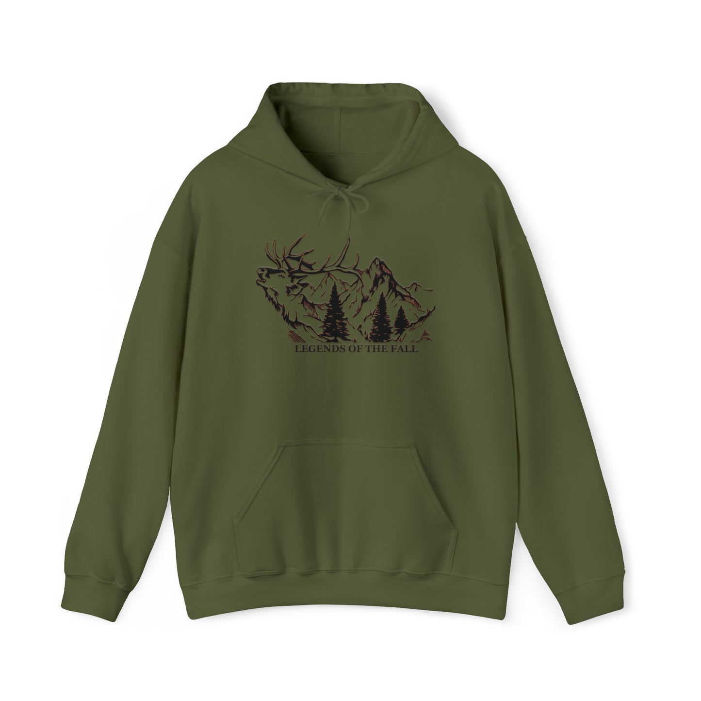 Prominent view of "Legends of the Fall Hoodie" displaying a bugling bull elk, mountain range, and the Legends of the Fall text