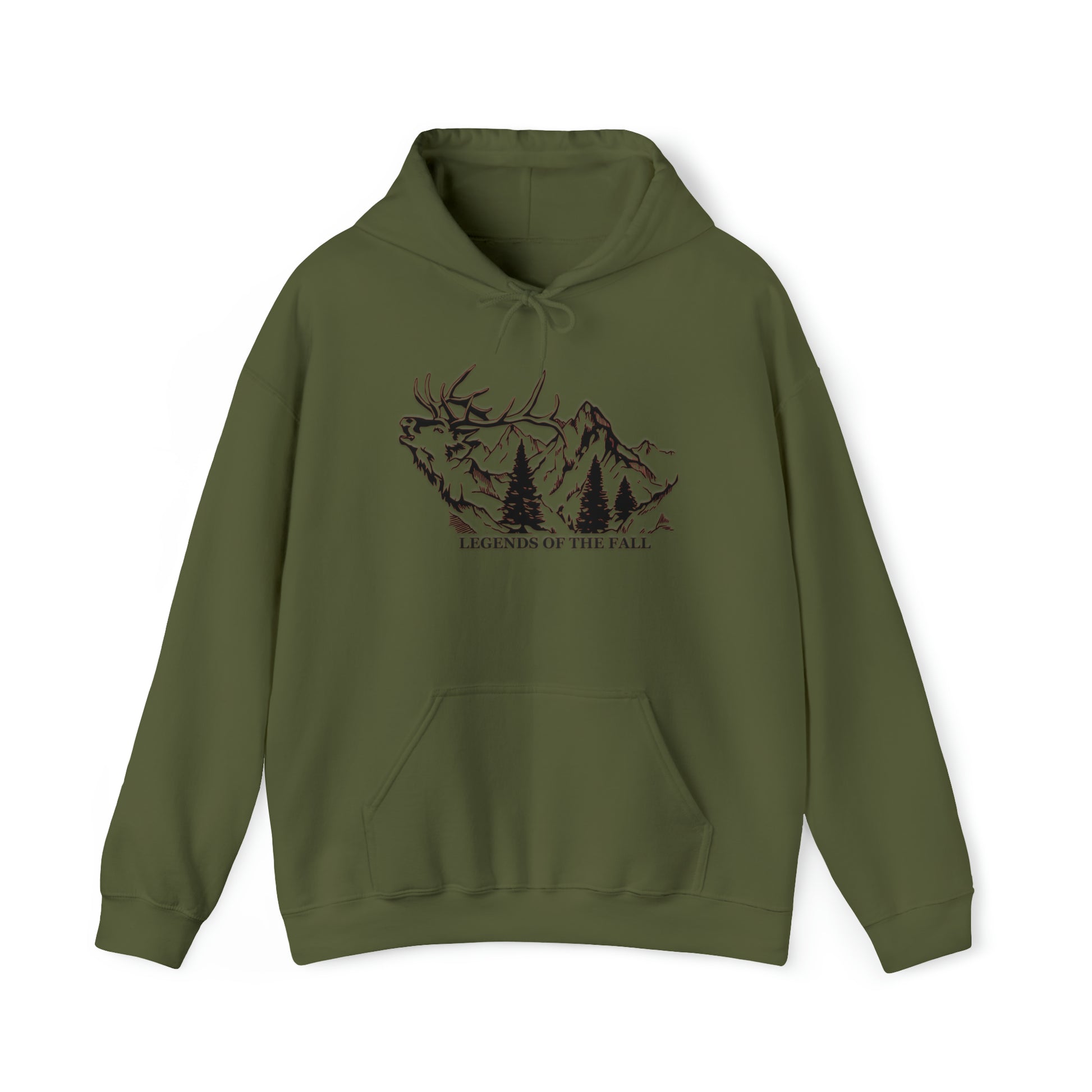 Prominent view of "Legends of the Fall Hoodie" displaying a bugling bull elk, mountain range, and the Legends of the Fall text