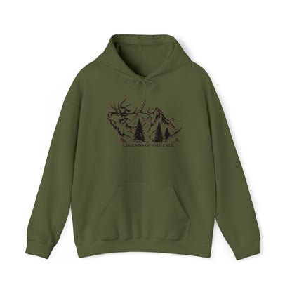 Prominent view of "Legends of the Fall Hoodie" displaying a bugling bull elk, mountain range, and the Legends of the Fall text