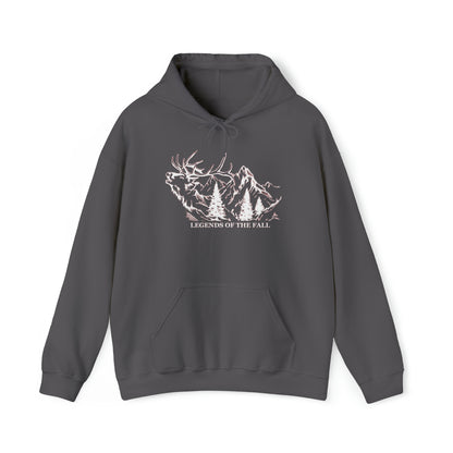 Prominent view of "Legends of the Fall Hoodie" displaying a bugling bull elk, mountain range, and the Legends of the Fall text