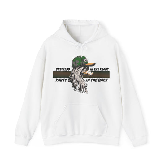 Outdoor Enthusiast's Mullet Hoodie - ‘Business in the Front, Party in the Back’ Duck-Themed Pullover