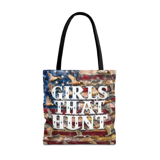 Patriotic Huntress Tote Bag - Camouflage and Flag Print Carryall for Women Hunters