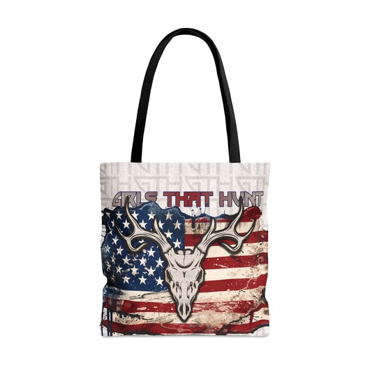 GTH American Buck Tote Bag" with Euro buck design, American flag backdrop, and Girls That Hunt text
