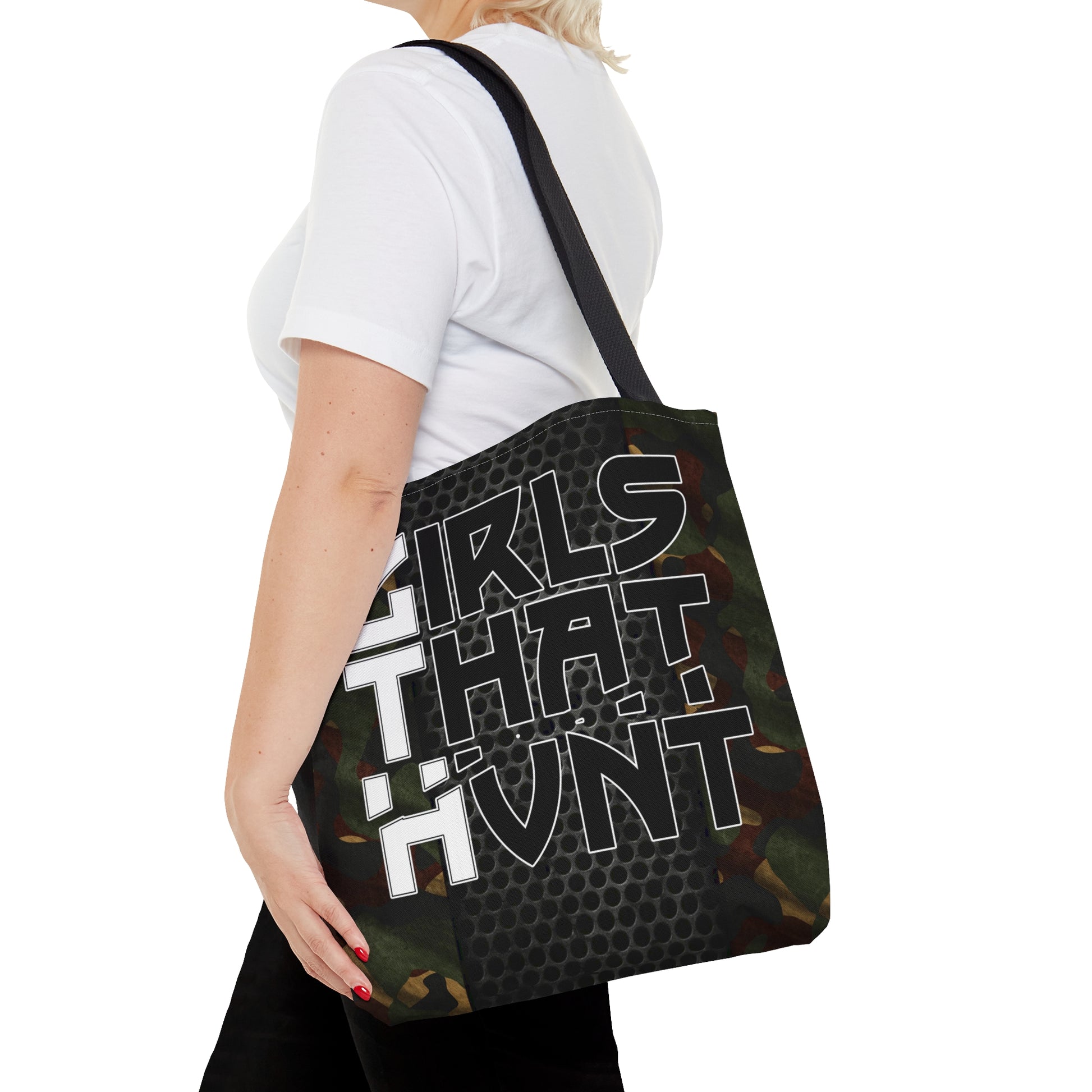 Girls That Hunt Camo Metal Tote Bag - Highlighting gun metal accents and camo print