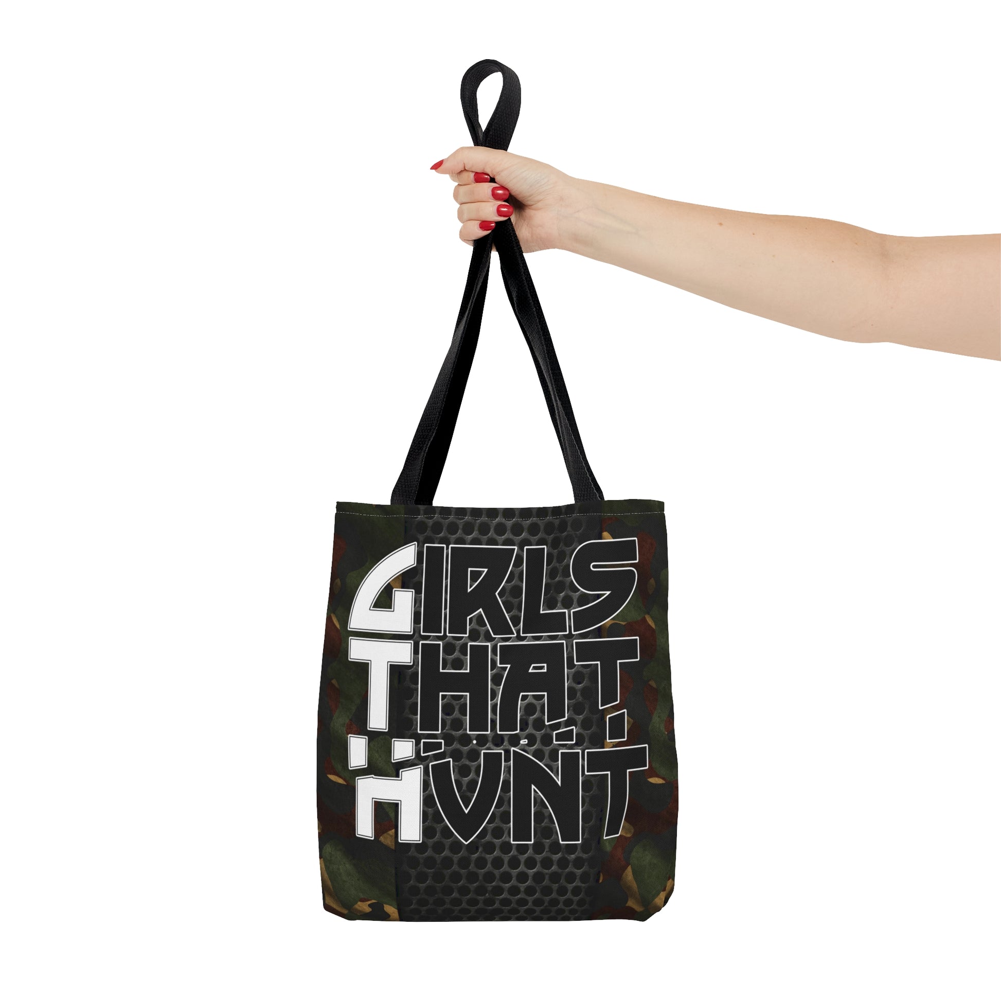 Girls That Hunt Camo Metal Tote Bag - Highlighting gun metal accents and camo print