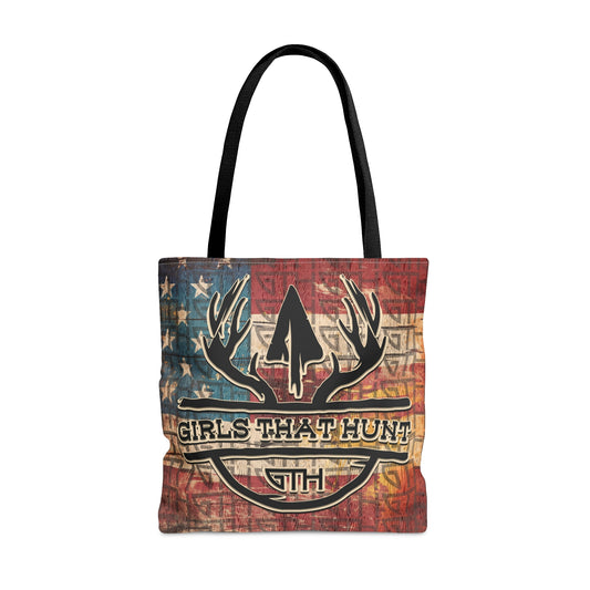 GTH- Girls That Hunt American Tote Bag" showcasing American flag and antler design