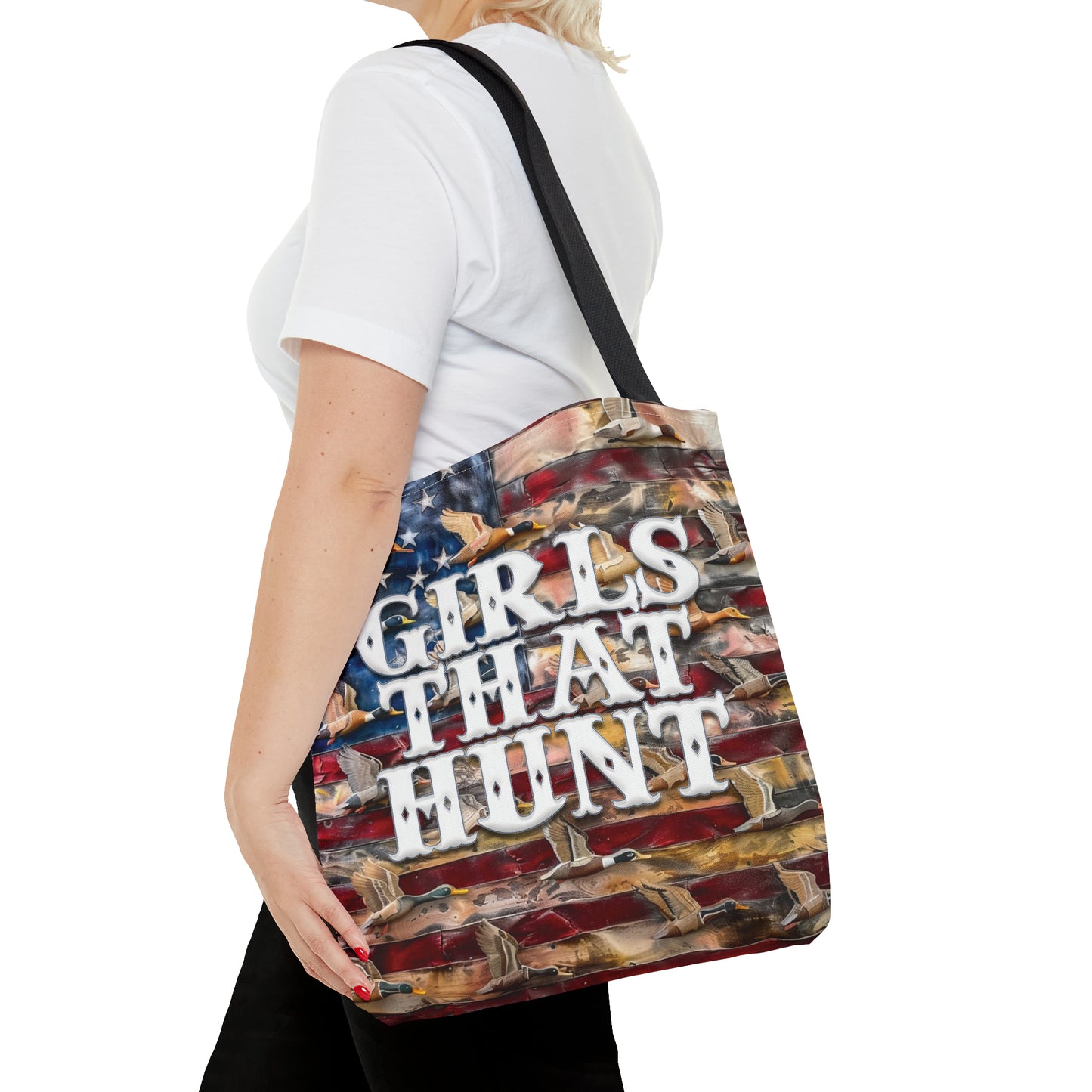 Patriotic Huntress Tote Bag - Camouflage and Flag Print Carryall for Women Hunters