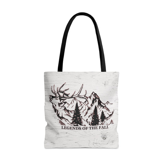 Legends of the Fall Tote Bag" showcasing the bugling bull elk design, mountain range, and the Legends of the Fall text