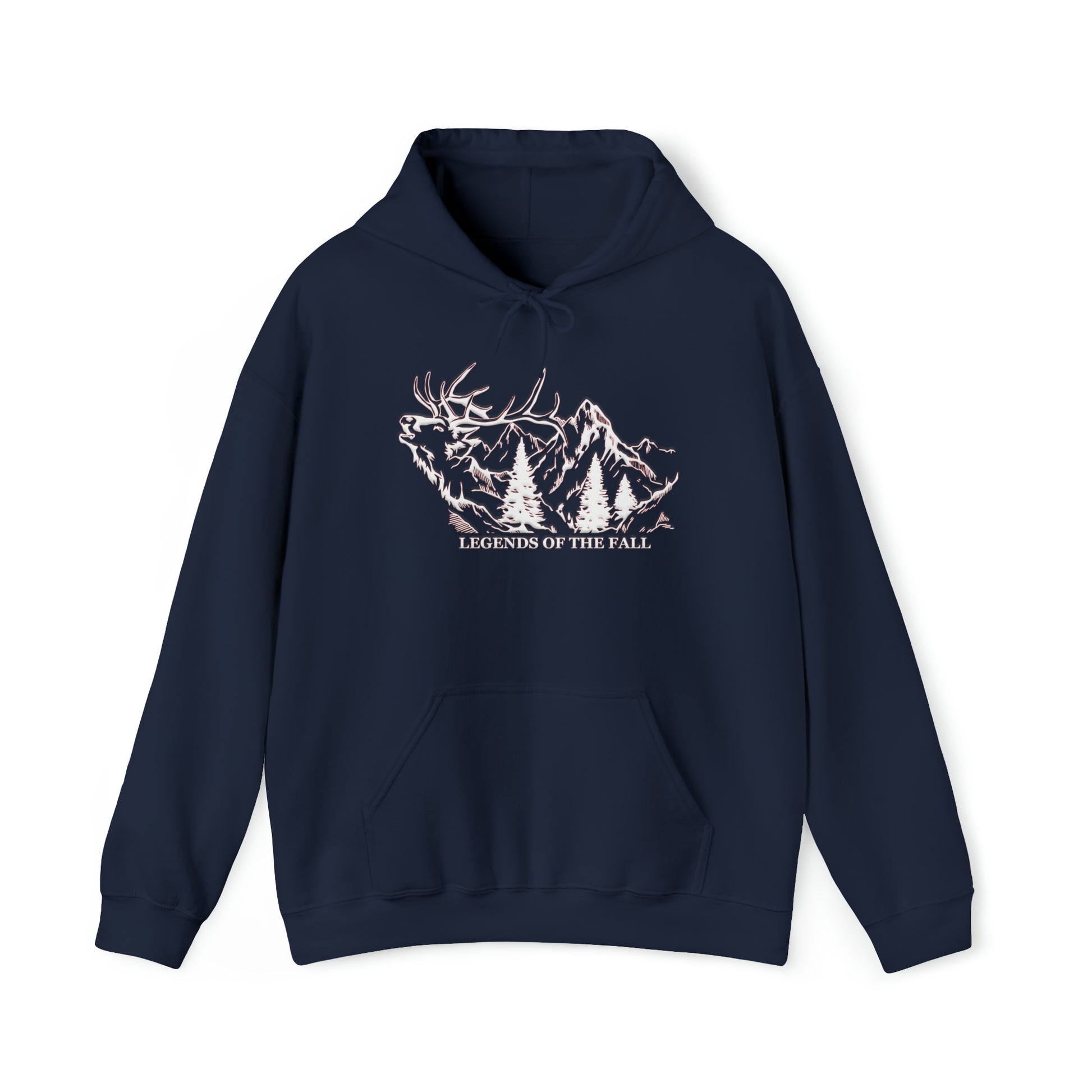 Prominent view of "Legends of the Fall Hoodie" displaying a bugling bull elk, mountain range, and the Legends of the Fall text