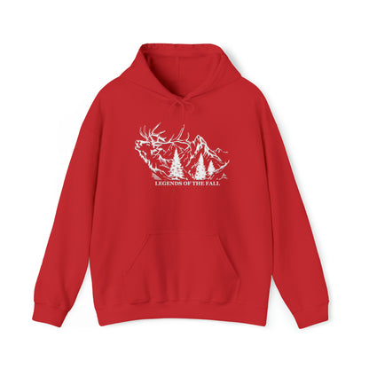 Prominent view of "Legends of the Fall Hoodie" displaying a bugling bull elk, mountain range, and the Legends of the Fall text