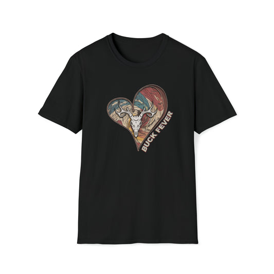 Buck Fever Softstyle T-Shirt" with heart and euro buck design and Buck Fever text
