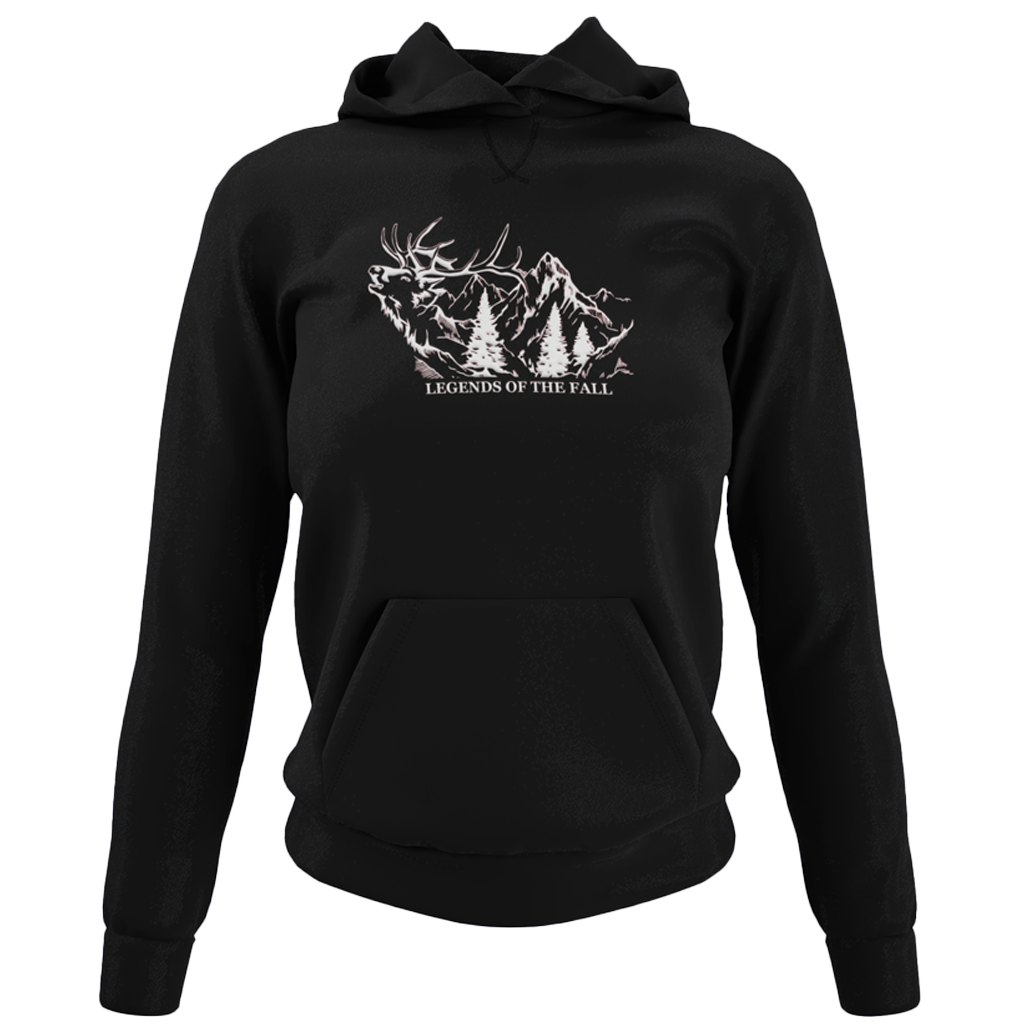 Prominent view of "Legends of the Fall Hoodie" displaying a bugling bull elk, mountain range, and the Legends of the Fall text