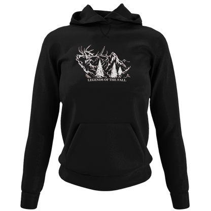 Prominent view of "Legends of the Fall Hoodie" displaying a bugling bull elk, mountain range, and the Legends of the Fall text