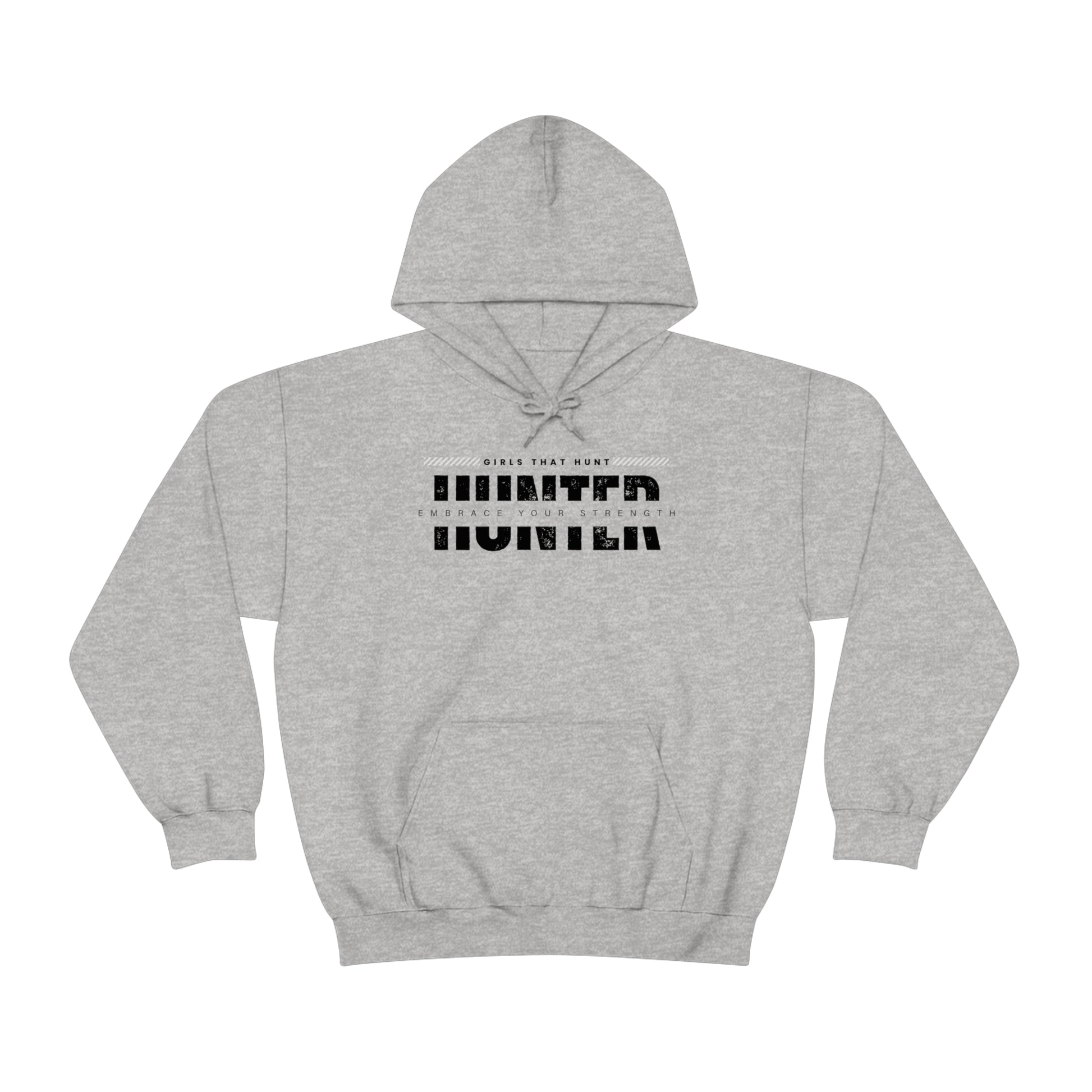 "HUNT: Embrace Your Strength" Women's T-Shirt - Gray- Hoodie showcasing hunting passion and inner strength