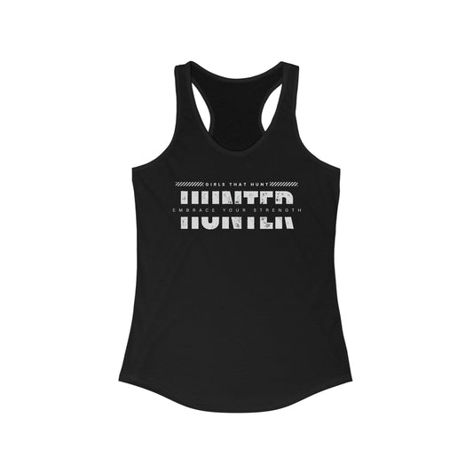 HUNT: Embrace Your Strength" Racerback Tank - Black - showcasing hunting passion and inner strength