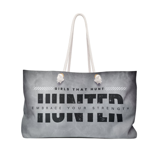 Hunt: Embrace Your Strength" Weekender Bag - Front View - Embodied strength and love for hunting displayed