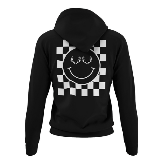 Buckin Happy Zip-Up Hoodie - Black - Stylish zip-up hoodie featuring checkered pattern and smiley face with antler eyes
