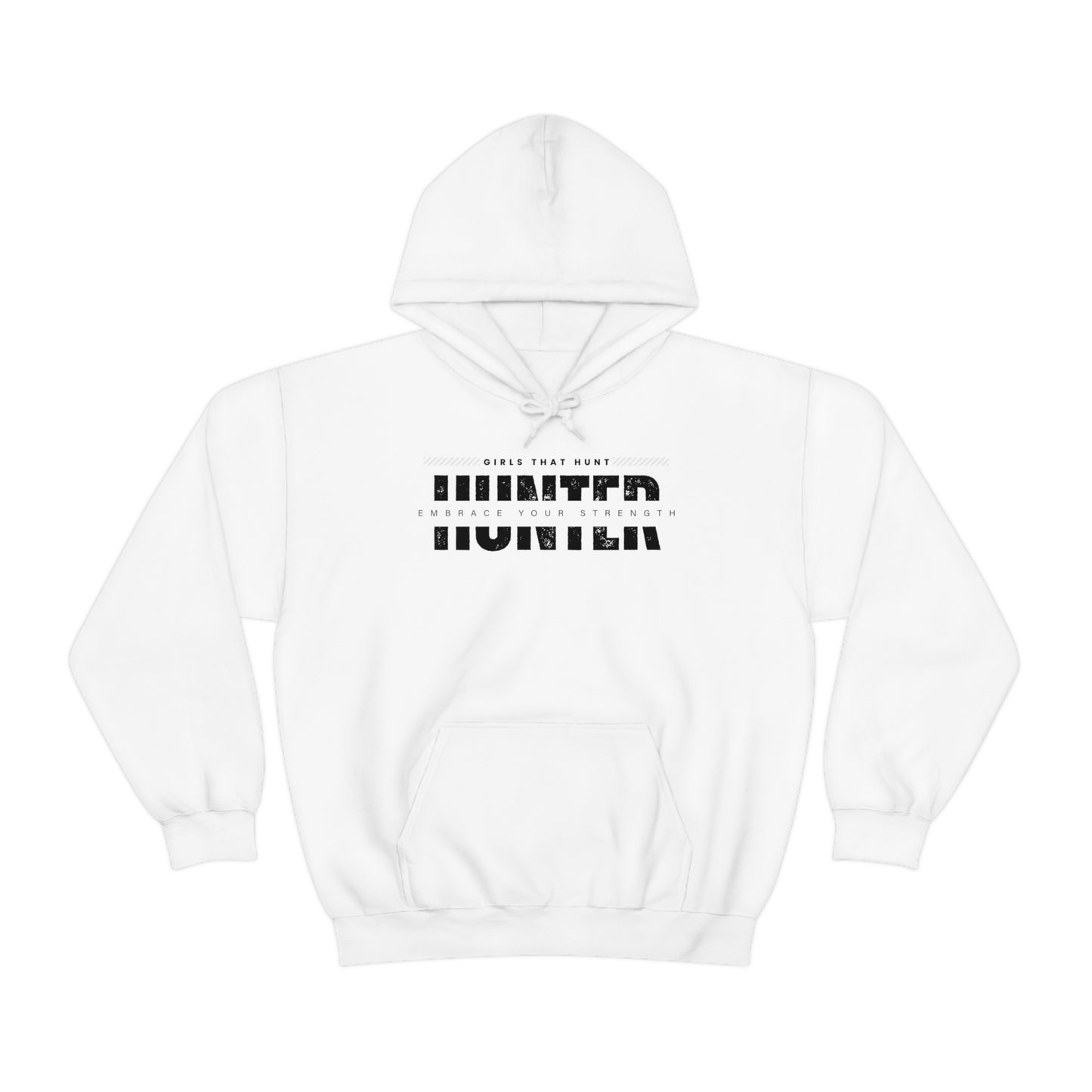 "HUNT: Embrace Your Strength" Women's T-Shirt - White- Hoodie showcasing hunting passion and inner strength