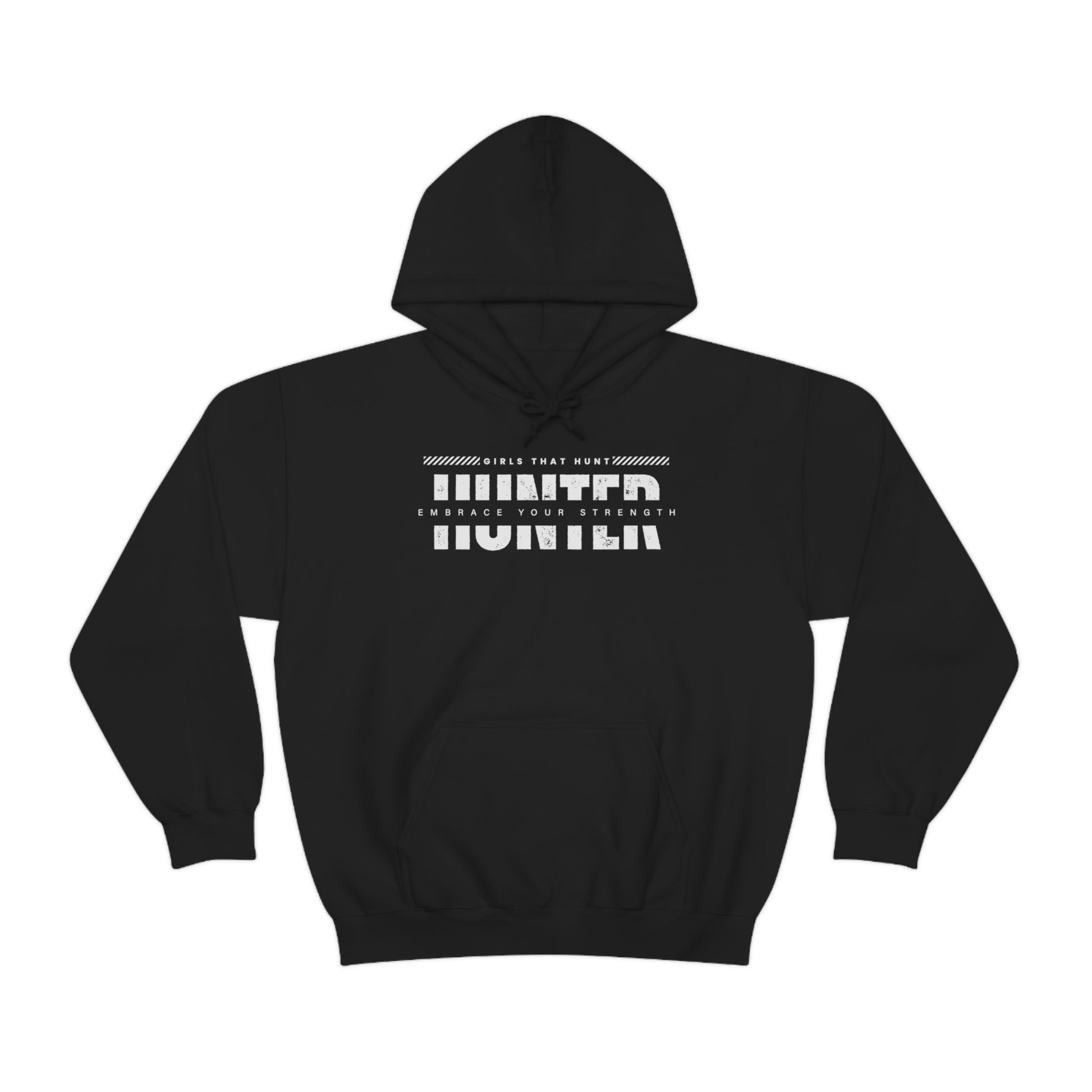 "HUNT: Embrace Your Strength" Women's T-Shirt - Black- Hoodie showcasing hunting passion and inner strength