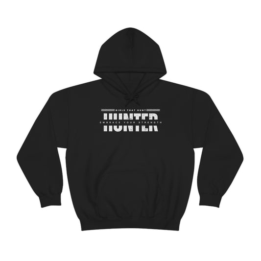"HUNT: Embrace Your Strength" Women's T-Shirt - Black- Hoodie showcasing hunting passion and inner strength